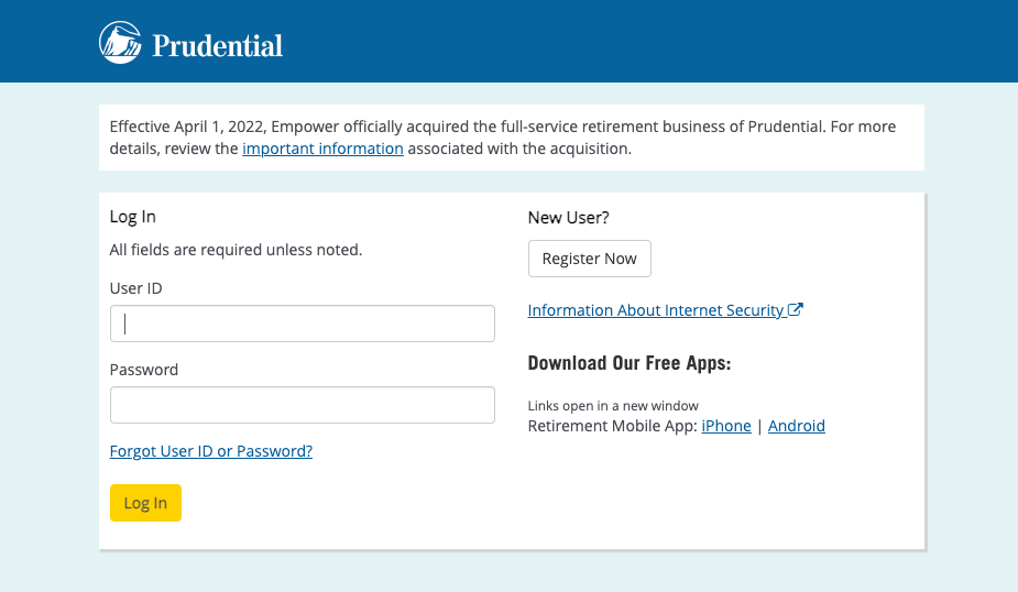 Prudential Retirement Login Page